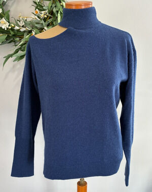 Naadam 100% Cashmere Cutout Turtleneck Sweater Blue Small Asymmetrical Shoulder